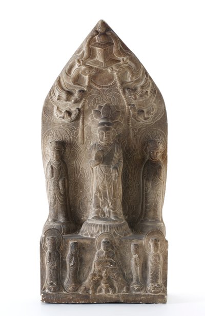 Buddhistische Dreifaltigkeit im Relief auf Lotus-Sockeln vor spitzem Hintergrund von Qing Dynasty Chinese School
