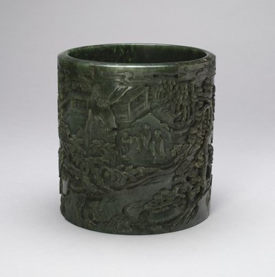 Pinselbehälter mit Gelehrten und Begleitern in einer bergigen Landschaft von Qing Dynasty Chinese School