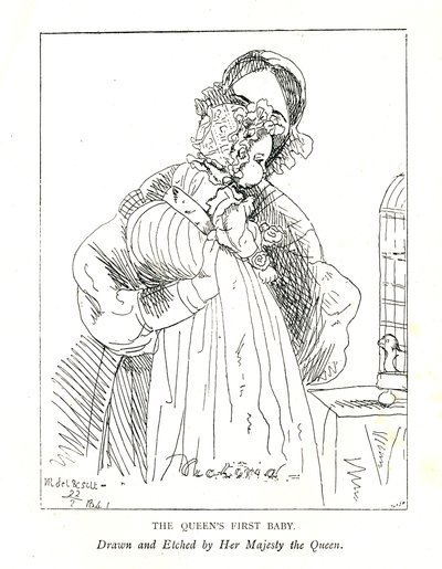 Frühestes bekanntes Bild von Victorias erster Tochter, damals die Prinzessin Royal, im Alter von 3 Monaten, mit ihrer Mutter von Queen Victoria