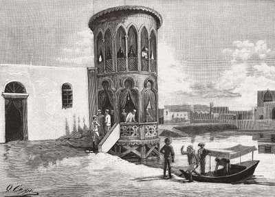 Ein maurischer kleiner Turm, der den Club der italienischen Offiziere beherbergt, Massawa, Eritrea, Gravur nach einer Zeichnung von Quinto Cenni und einer Skizze von Pieragostini, aus L