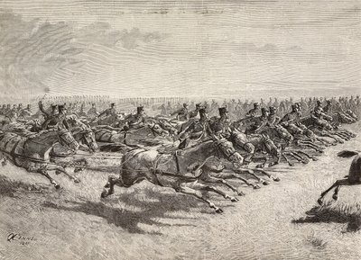 Pferdeartillerie der italienischen Armee im vollen Galopp, Lombardei, Italien, Gravur nach einer Zeichnung von Quinto Cenni, aus L