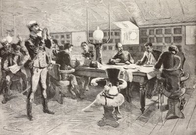 Italienische Offiziere in der Kabine auf dem Schiff Gottardo, italienische Expedition im Roten Meer, Gravur nach einer Zeichnung von Quinto Cenni und einer Skizze von Dante Paolocci, aus L