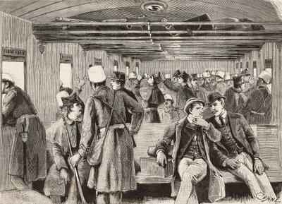 Italienische Soldaten im Zug nach Neapel, Italien, zweite italienische Expedition im Roten Meer (Stich) von Quinto Cenni