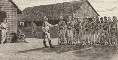 Italienische Soldaten stehen in Formation, Massawa, Eritrea, Gravur nach einer Zeichnung von Quinto Cenni und einer Skizze von Pieragostini, aus L
