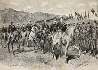 König Umberto I. inspiziert die Florentiner Lanzenreiter, mit General Martin di Montu hinter ihm, 28. September, Kavallerieübungen in Pordenone, Italien (Stich) von Quinto Cenni