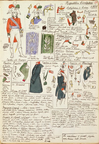 Militäruniformen zur Zeit der Cisalpinischen Republik von 1801. Farbtafel von Cenni Quinto von Quinto Cenni