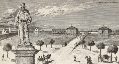 Denkmal zum Gedenken an Giuseppe Garibaldi (1807-1882), italienischer Politiker und Patriot, und Badeanstalt im Hintergrund, Cesenatico, Italien von Quinto Cenni