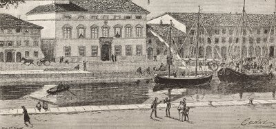 Das Rathaus und der Hafenkanal, Cesenatico, Italien (Stich) von Quinto Cenni