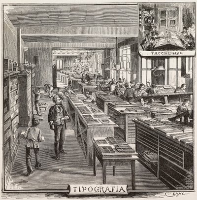 Typografie im Verlagshaus Fratelli Treves, Mailand, Italien von Quinto Cenni