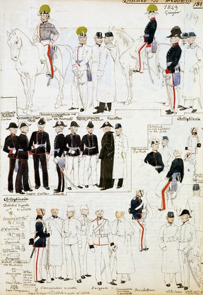 Uniformen des Herzogtums Modena im Jahr 1849, Tafel aus der Cenni Codex Sammlung militärischer Skizzen in Aquarell von Quinto Cenni