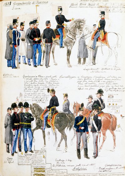 Uniformen des Großherzogtums Toskana im Jahr 1851, Platte aus dem Cenni-Kodex, Sammlung militärischer Skizzen von Quinto Cenni (1845-1917) von Quinto Cenni