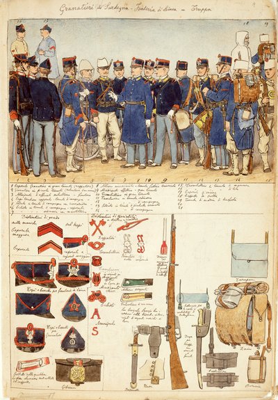 Uniformen der Grenadiere von Sardinien, Linieninfanterie, Truppen des Königreichs Italien, Farbtafel von Quinto Cenni von Quinto Cenni