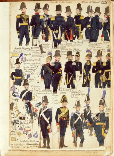 Uniformen der piemontesischen Armee von 1814. Farbtafel von Cenni Quinto von Quinto Cenni