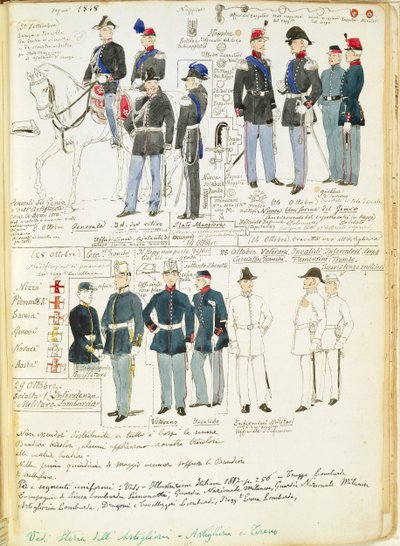 Uniformen der piemontesischen Armee von 1848. Farbtafel von Cenni Quinto von Quinto Cenni