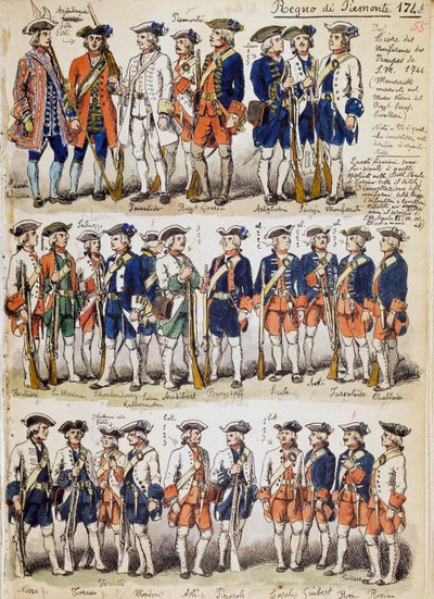 Uniformen der Truppen des Königreichs Piemont im Jahr 1744, Tafel aus dem Cenni-Codex, Sammlung militärischer Skizzen von Quinto Cenni von Quinto Cenni