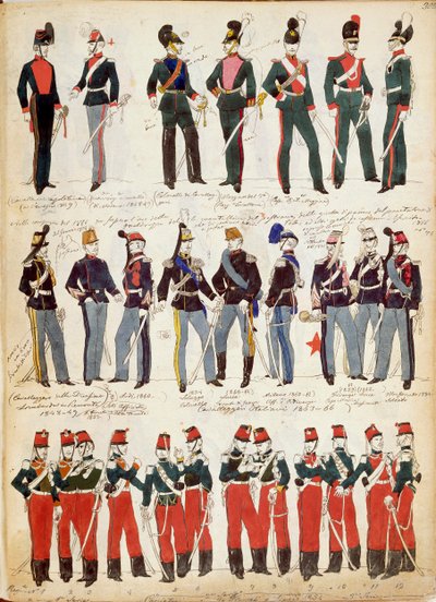 Verschiedene italienische Uniformen, die um 1860 gebräuchlich waren, von Quinto Cenni, Farbtafel von Quinto Cenni
