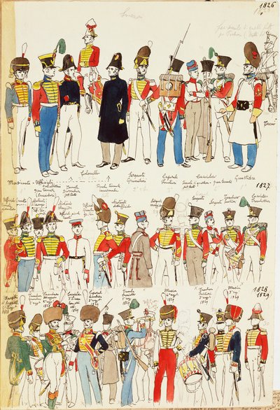 Verschiedene Uniformen von 1826 bis 1829, Farbtafel von Cenni Quinto von Quinto Cenni
