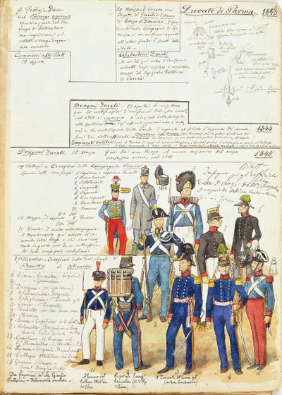 Verschiedene Uniformen des Herzogtums Parma von 1845, Farbtafel von Quinto Cenni von Quinto Cenni