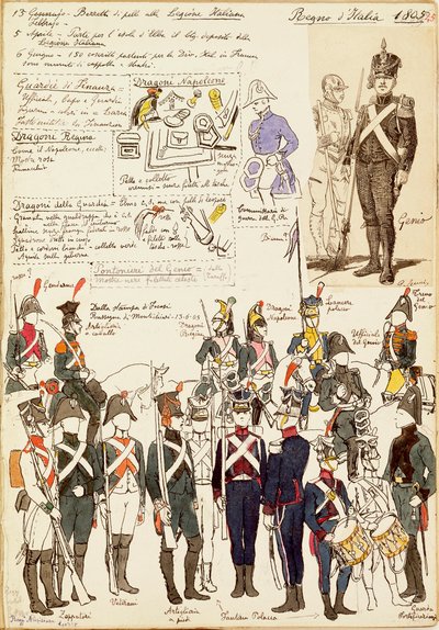 Verschiedene Uniformen des Königreichs Italien von 1805. Farbtafel von Cenni Quinto von Quinto Cenni