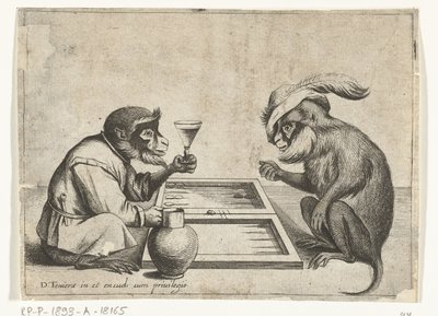 Zwei Affen spielen Tricktrack (Verschiedene Tätigkeiten des menschlichen Lebens von Affen dargestellt) von Quirin Boel