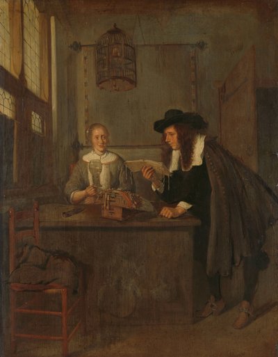 Innenraum mit Spitzenarbeiterin und einem Besucher von Quiringh Gerritsz. van Brekelenkam