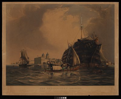 Die Dreadnought 104 Kanonen, Hospitalschiff für Seeleute aller Nationen, vor Anker in der Themse vor Greenwich, 20. Juni 1831 von R. W. Price
