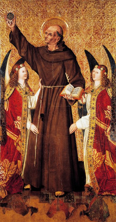 St. Bernhard und Engel, zentrale Tafel des St. Bernhard Altars von Rafael Tomas (aktiv 1455-1479), Predella von Joan Figuera (aktiv ab 1454-gestorben 1477 oder 1479), Tempera auf Tafel, 398,9x253 cm von Rafael & Figuera Joan (active c.1454 1477) Tomas