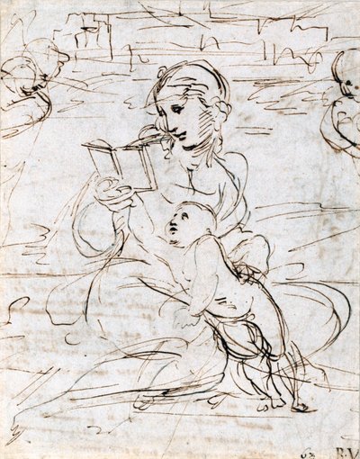 Lesende Madonna mit Kind in einer Landschaft zwischen zwei Cherubimköpfen, 1509 von Raffaello Sanzio Raphael