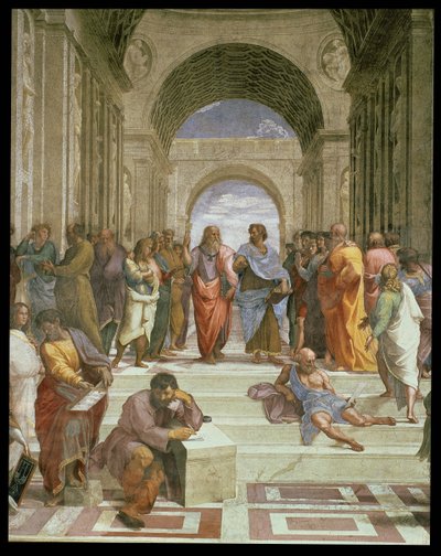 Die Schule von Athen, Detail (Platon, Aristoteles, Michelangelo als Heraklit und Diogenes) von Raffaello Sanzio Raphael