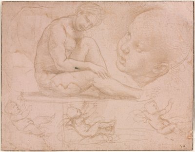Studien einer sitzenden Frau, Kinderkopf und drei Studien eines Babys, ca. 1507-8 von Raffaello Sanzio Raphael
