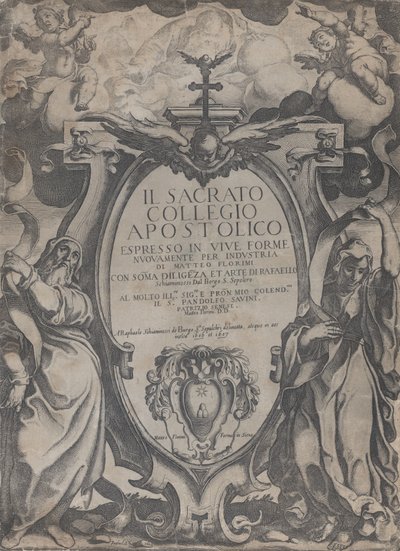 Frontispiz mit zwei Figuren, die Schriftrollen halten, und Putten, die das Kartusche flankieren von Raffaello Schiaminossi