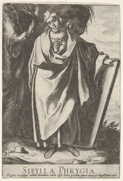Tafel 9: die phrygische Sibylle hält die Spitze einer Tafel mit ihrer linken Hand und zeigt mit von Raffaello Schiaminossi