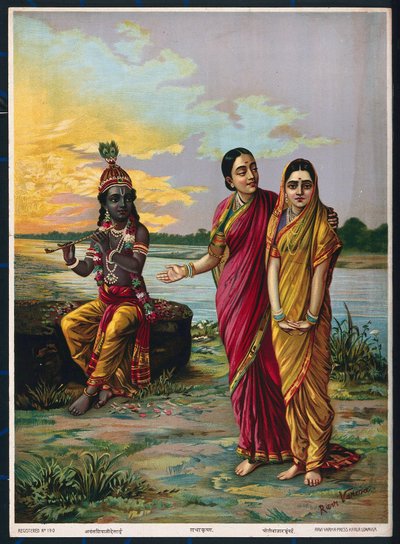 Krishna erklärt seine Liebe zu Radha über eine Vertraute, nach 1900 von Raja Ravi Varma
