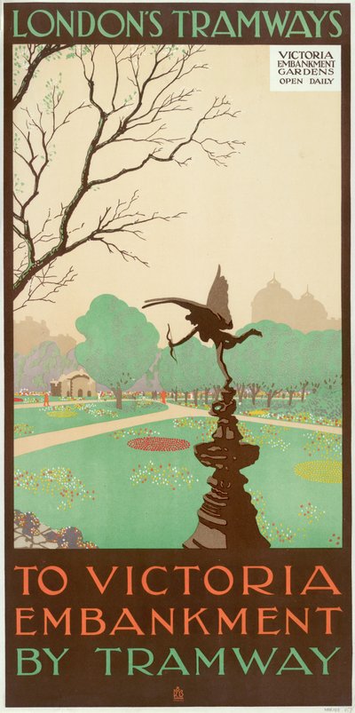 Zum Victoria Embankment mit der Straßenbahn, London County Council LCC Straßenbahnplakat von Ralph and Brown Studios