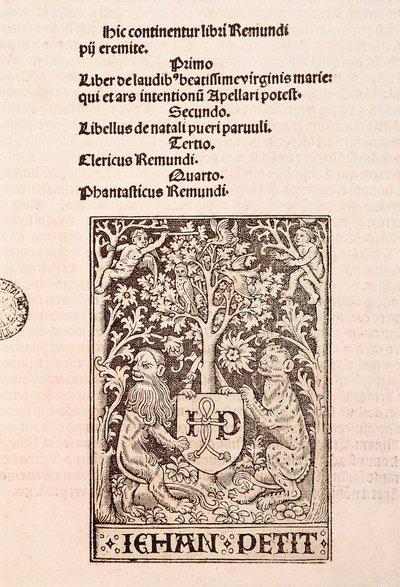Seite des Kodex "De Laudibus Beatissimae Virginis Mariae" von Ramon Llull (1235-1315), zwei Löwen haltend das Wappen des Druckers Jehan Petit darstellend von Ramon Llull