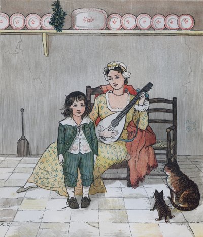 Eine Elegie auf den Tod eines verrückten Hundes von Oliver Goldsmith: Meister Bill Primrose bereitet sich darauf vor, die Geschichte zu singen von Randolph Caldecott