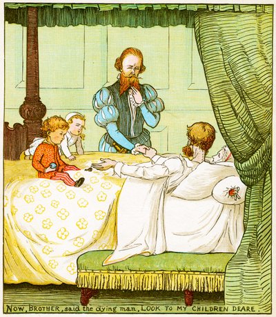 "Nun, Bruder, sagte der sterbende Mann, kümmere dich um meine lieben Kinder", Illustration aus Babes in the Wood von Randolph Caldecott