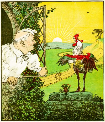 Der Hahn, der am Morgen krähte und den Richter weckte, Illustration aus Das Haus, das Jack baute von Randolph Caldecott