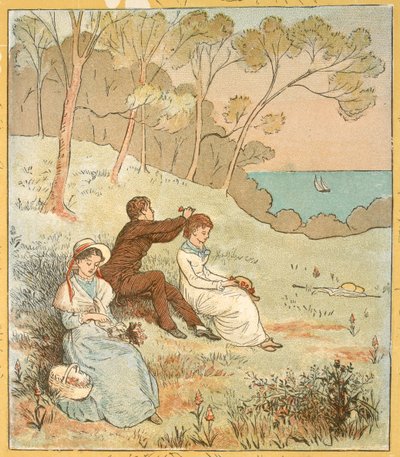 Zwei Frauen und ein Mann sitzen in einer Lichtung nahe der Küste. von Randolph Caldecott