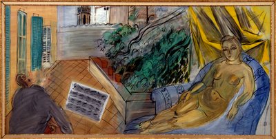 Akt auf der Terrasse. Mann spielt Cello vor einer Partitur, daneben hört eine nackte Frau zu von Raoul Dufy