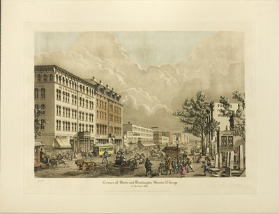 Ecke State und Washington Streets, Chicago, im Jahr 1865 von Raoul Varin