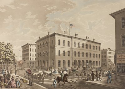 NW-Ecke der Dearborn- und Monroe-Straßen, Chicago, zeigt das Postgebäude im Jahr 1865 von Raoul Varin
