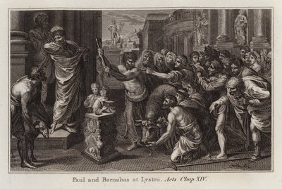 Raphael-Karton: Paulus und Barnabas in Lystra, Apostelgeschichte, Kapitel XIV (Gravur) von after Raphael