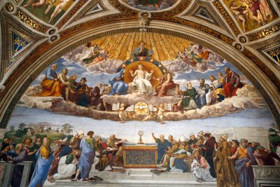Disputation des Heiligen Sakraments in der Stanza della Segnatura von Raphael (1483 1520)
