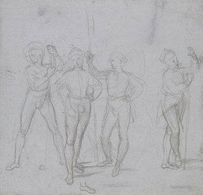 Gruppe von vier stehenden Soldaten (Silberstift auf blau-grauer Vorbereitung auf cremefarbenem Papier) von Raphael