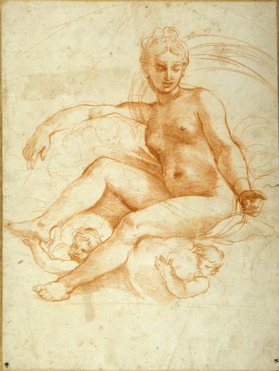 Venus sitzt auf Wolken und zeigt nach unten von Raphael
