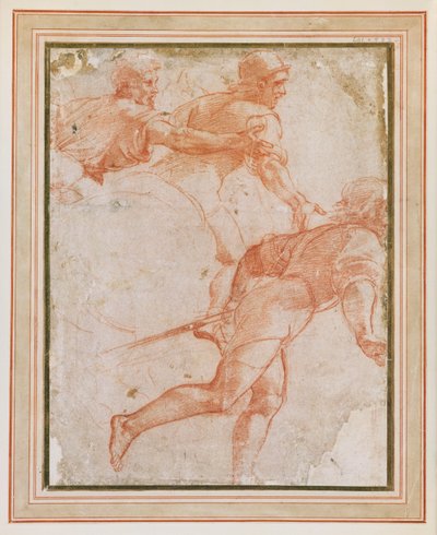 Ein Soldat rennt nach rechts und zwei berittene Reiter mit ausgestreckten Armen von Raphael