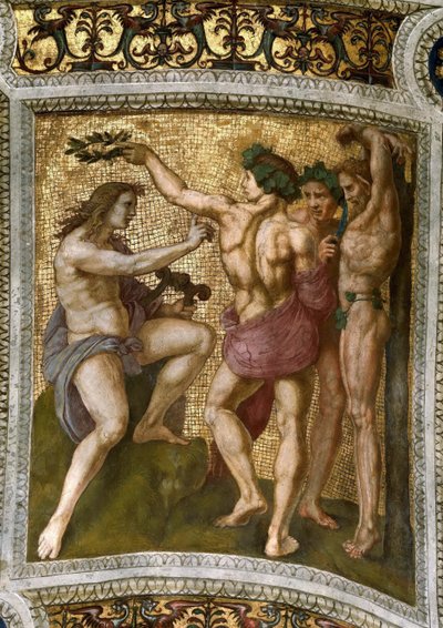 Marsyas und Apollo. Deckenfresko in der Stanza della Segnatura, ca. 1510-1511 von Raphael