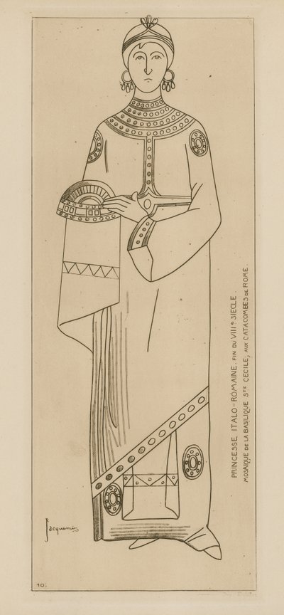 Italo-Römische Prinzessin. Ende des VIII. Jahrhunderts. Mosaik der Basilika St. Cäcilia, in den Katakomben von Rom. von Raphael Jacquemin
