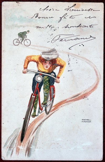 Postkarte einer Frau auf einem Fahrrad - Zeichnung von R. Kirchner, ca. 1900. von Raphael Kirchner